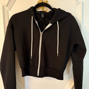 Forever 21 Black Cropped Zip Hoodie with White Drawstrings
